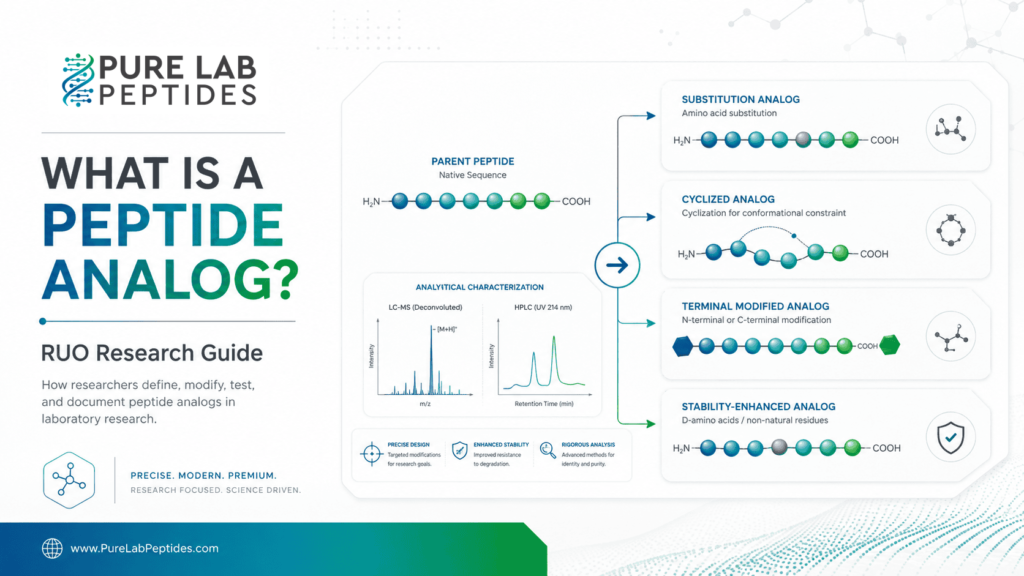 Pure Lab Peptides research graphic explaining peptide analogs and RUO analysis context
